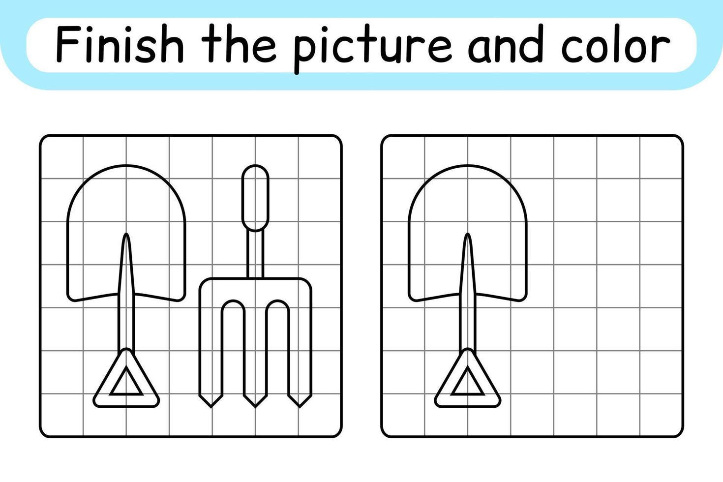 completa la imagen tridente y pala. copiar la imagen y el color. terminar la imagen. libro de colorear. juego educativo de ejercicios de dibujo para niños vector