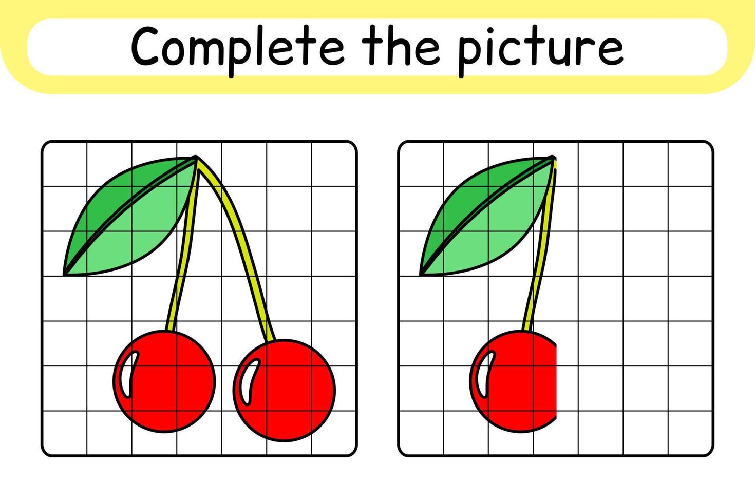 completa el cuadro cereza. copiar la imagen y el color. terminar la imagen. libro de colorear. juego educativo de ejercicios de dibujo para niños vector