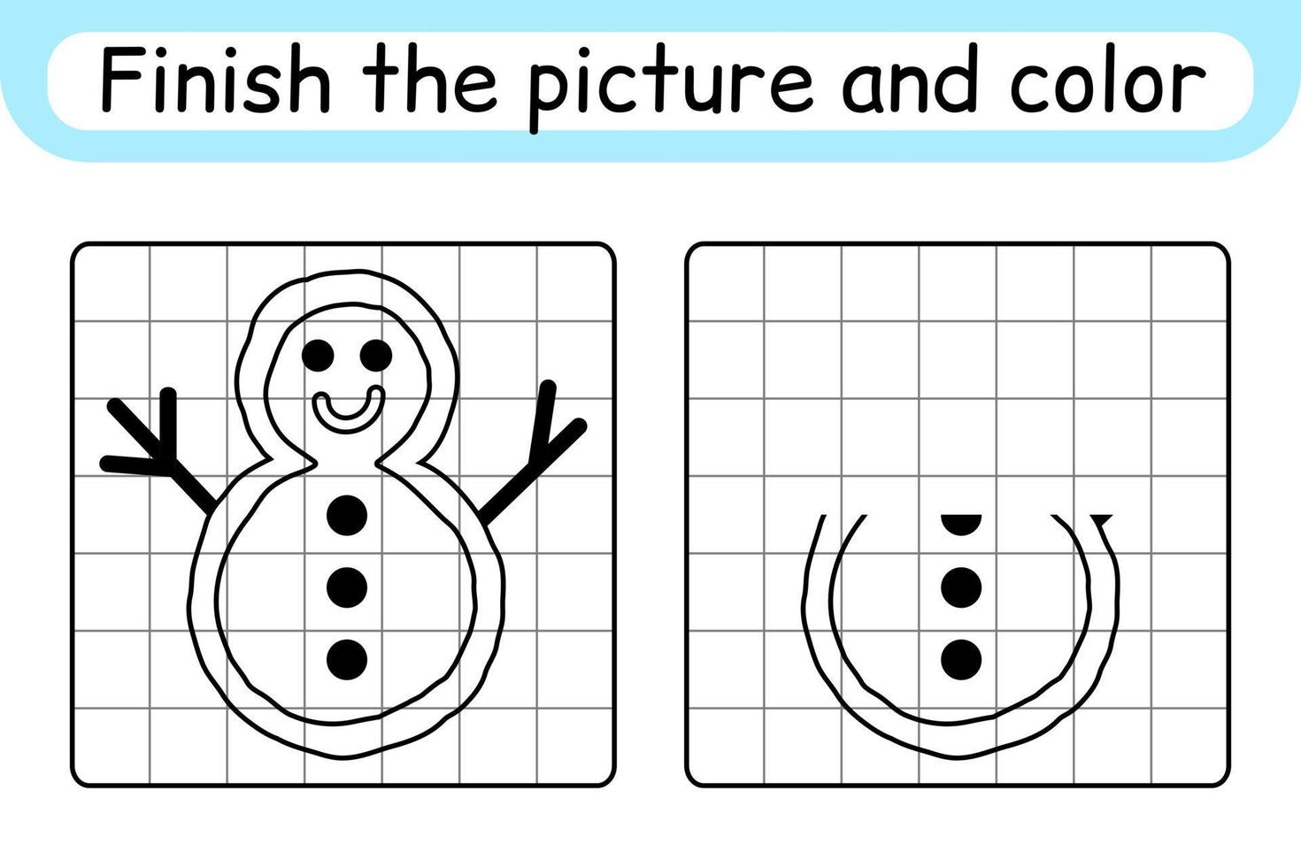 Complete the picture snowman. Copy the picture and color. Finish the image. Coloring book. Educational drawing exercise game for children vector