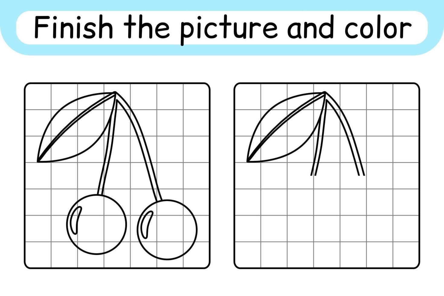Complete the picture cherry. Copy the picture and color. Finish the image. Coloring book. Educational drawing exercise game for children vector