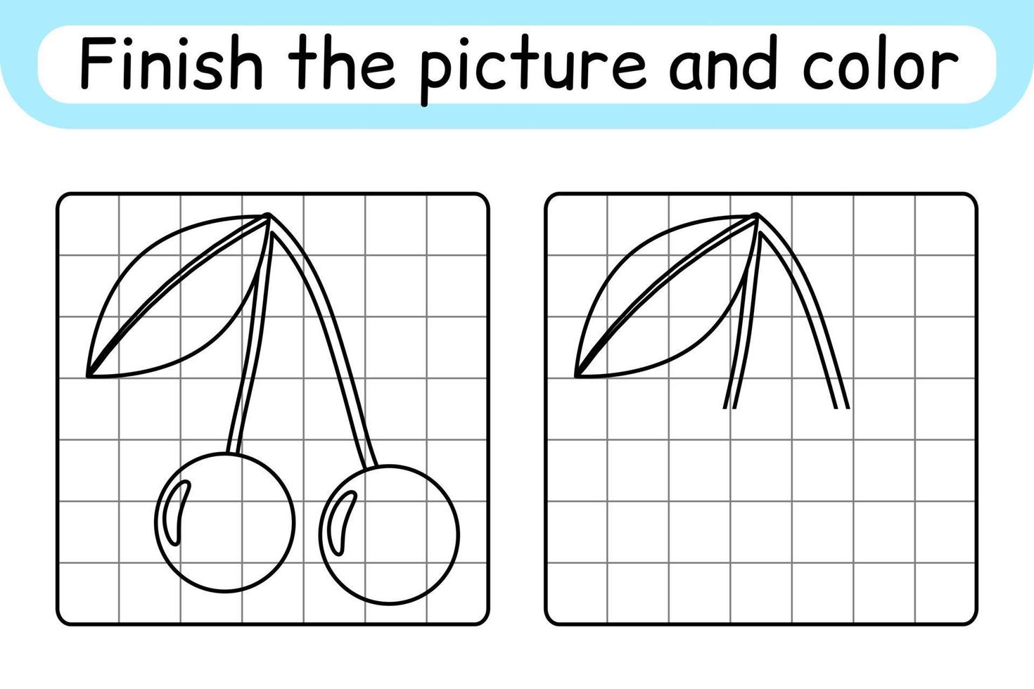 completa el cuadro cereza. copiar la imagen y el color. terminar la imagen. libro de colorear. juego educativo de ejercicios de dibujo para niños vector