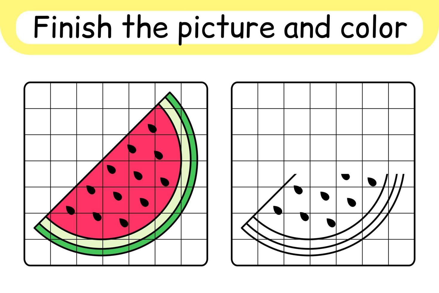 completa la imagen sandía. copiar la imagen y el color. terminar la imagen. libro de colorear. juego educativo de ejercicios de dibujo para niños vector