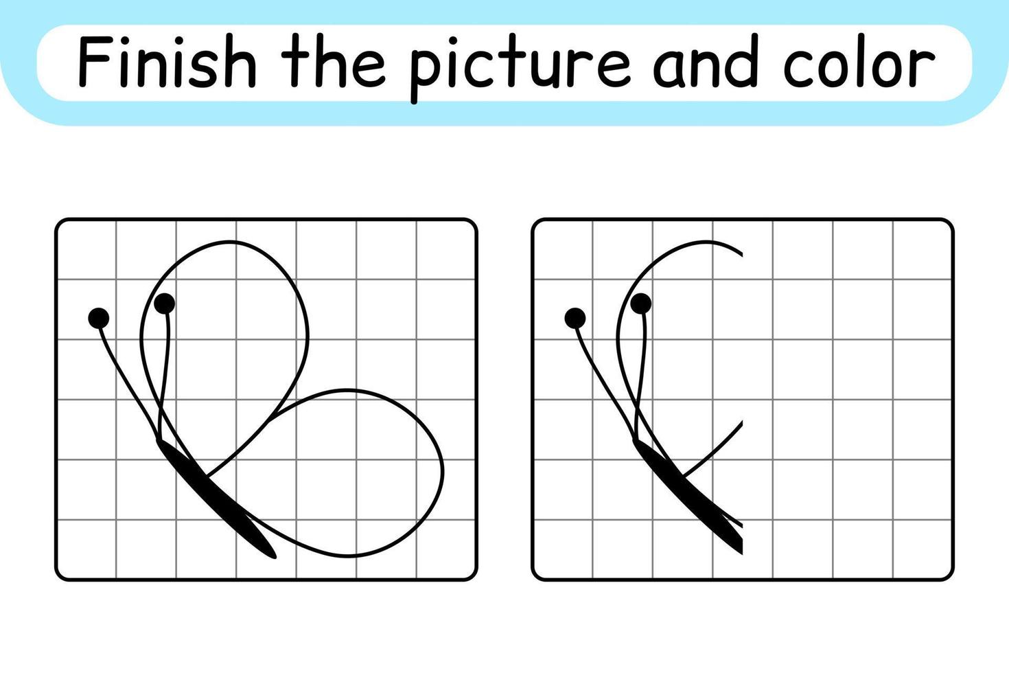 Complete the picture butterfly. Copy the picture and color. Finish the image. Coloring book. Educational drawing exercise game for children vector