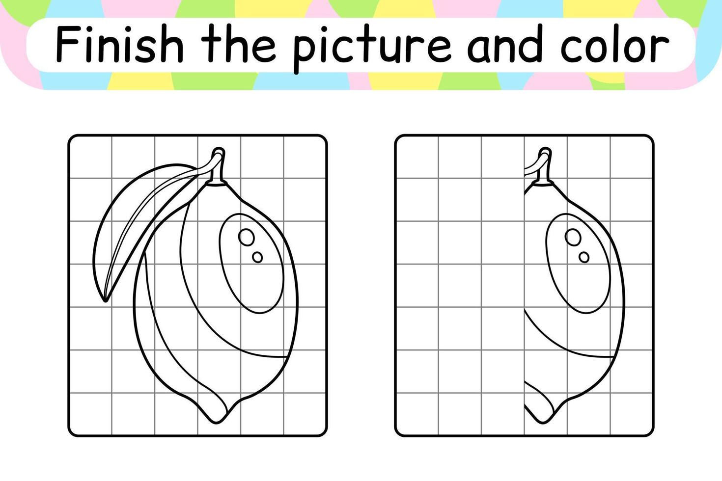 Complete the picture lemon. Copy the picture and color. Finish the image. Coloring book. Educational drawing exercise game for children vector