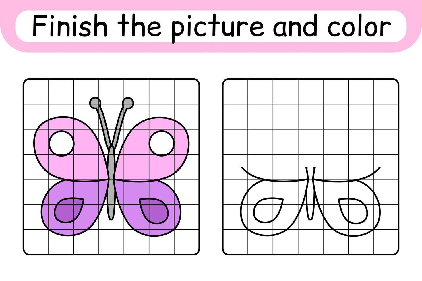 Complete the picture butterfly. Copy the picture and color. Finish the image. Coloring book. Educational drawing exercise game for children vector