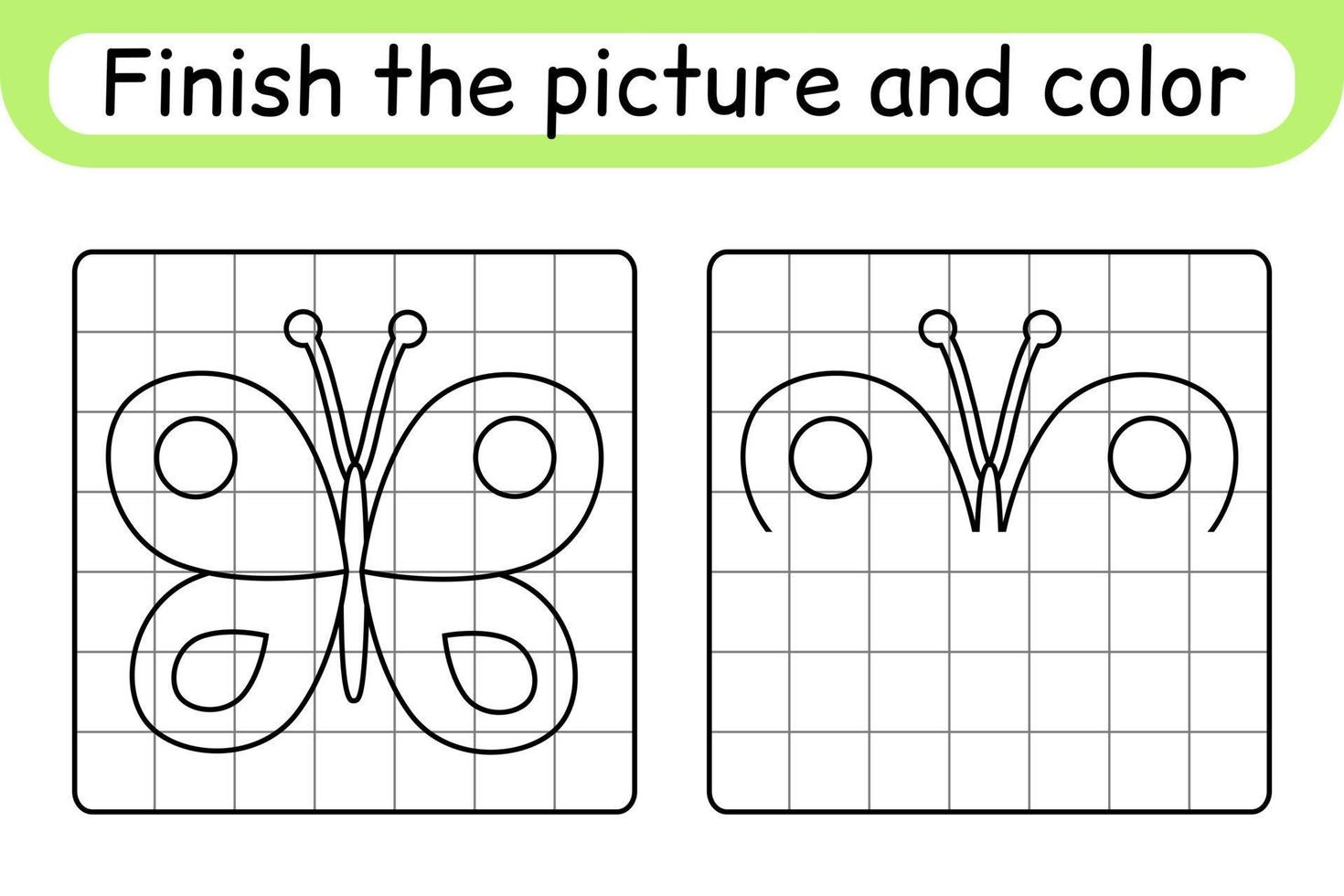 Complete the picture butterfly. Copy the picture and color. Finish the image. Coloring book. Educational drawing exercise game for children vector