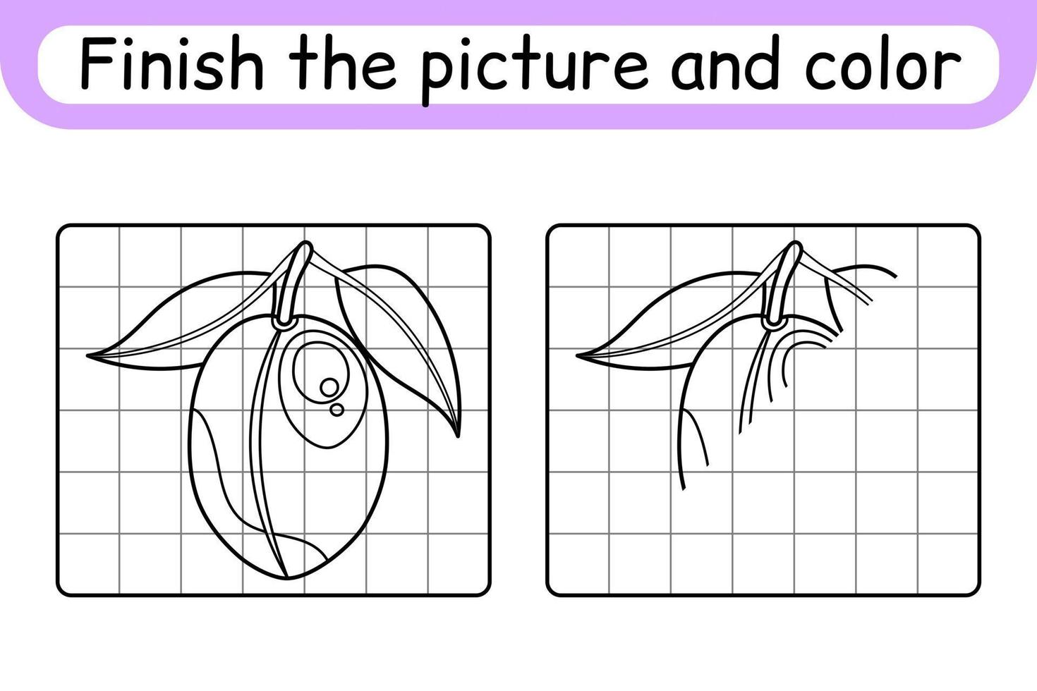 Complete the picture plum. Copy the picture and color. Finish the image. Coloring book. Educational drawing exercise game for children vector