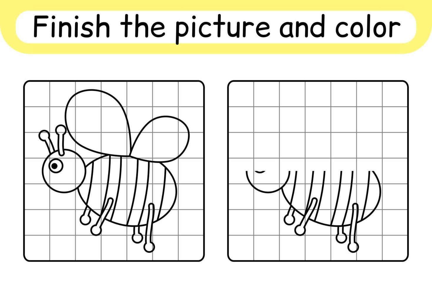 Complete the picture bee. Copy the picture and color. Finish the image. Coloring book. Educational drawing exercise game for children vector