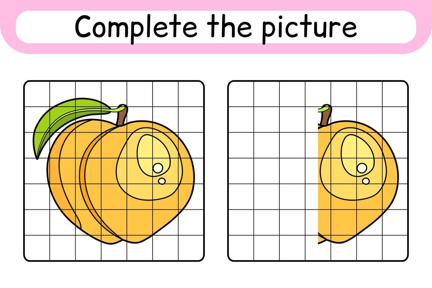 Complete the picture peach. Copy the picture and color. Finish the image. Coloring book. Educational drawing exercise game for children vector