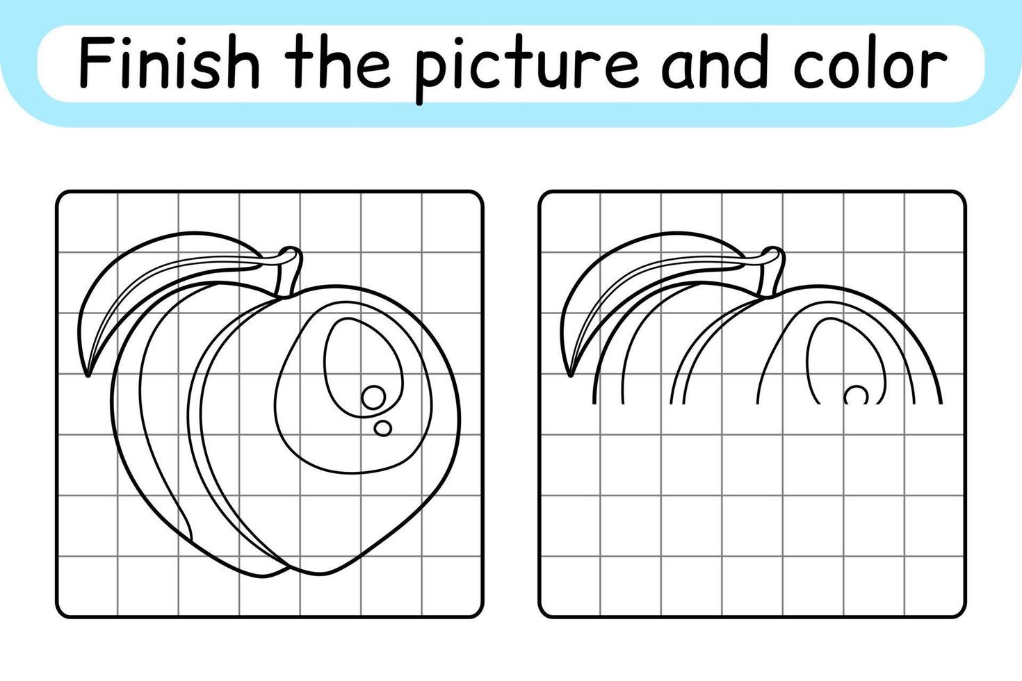 Complete the picture peach. Copy the picture and color. Finish the image. Coloring book. Educational drawing exercise game for children vector