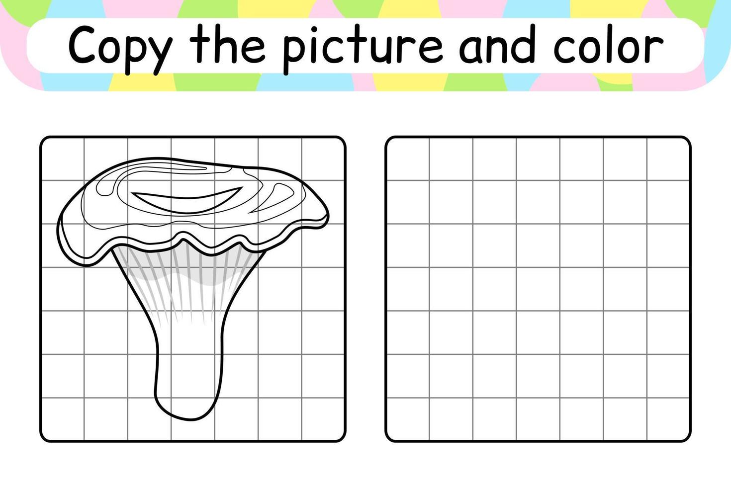 Copy the picture and color mushroom chanterelle. Complete the picture. Finish the image. Coloring book. Educational drawing exercise game for children vector