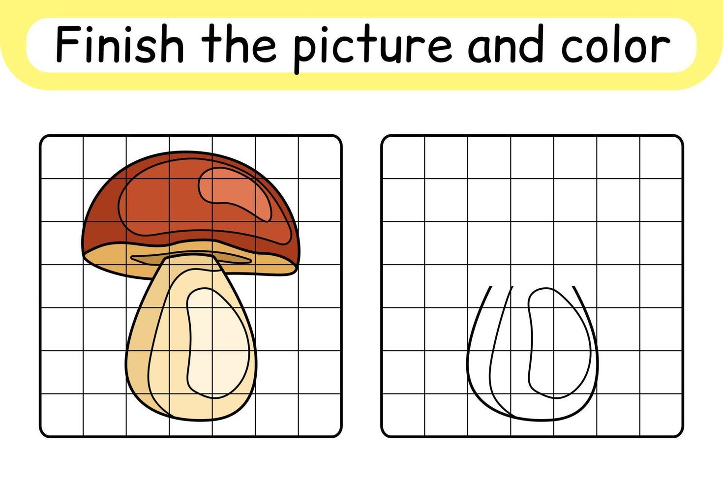 Complete the picture mushroom boletus. Copy the picture and color. Finish the image. Coloring book. Educational drawing exercise game for children vector