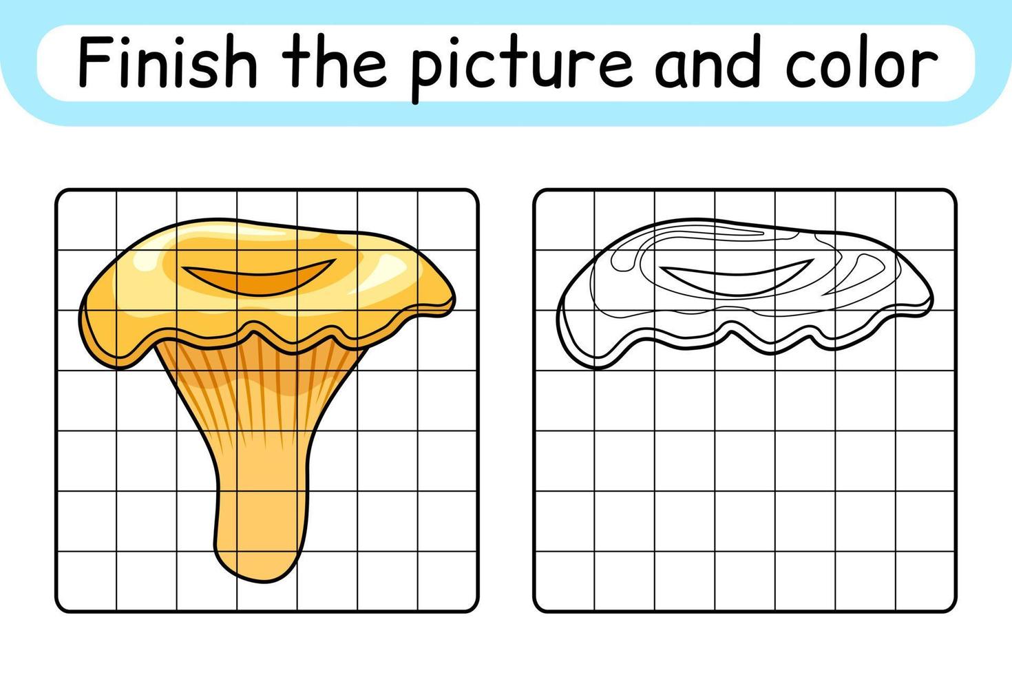 Complete the picture mushroom chanterelle. Copy the picture and color. Finish the image. Coloring book. Educational drawing exercise game for children vector