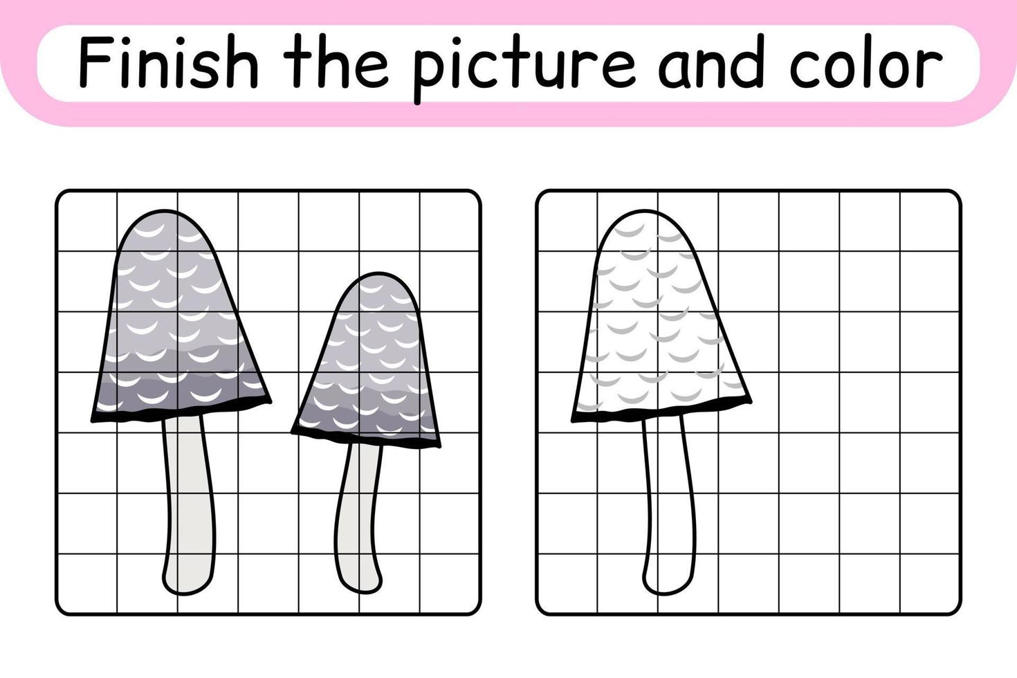 Complete the picture mushroom coprinus. Copy the picture and color. Finish the image. Coloring book. Educational drawing exercise game for children vector