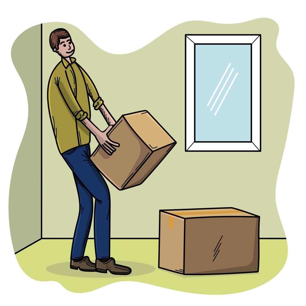 Move to a new office. Man lifting cardboard box of his things in new office vector