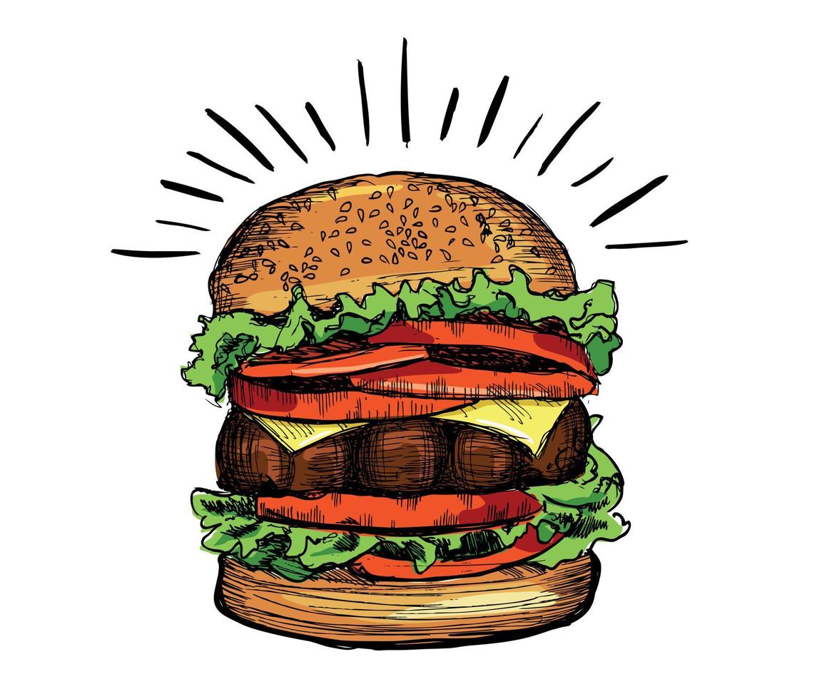 hamburguesa dibujada a mano vectorial sobre fondo blanco vector