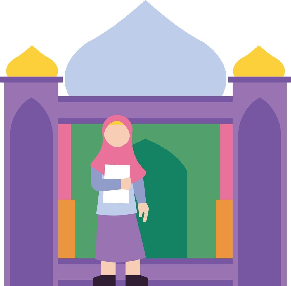 A Muslim girl is standing outside a mosque. vector