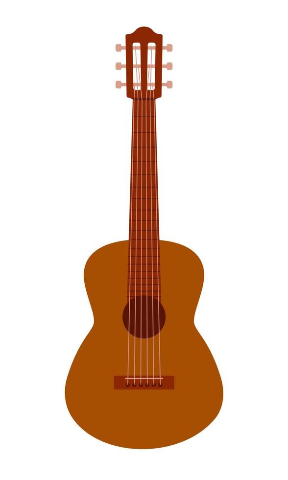 Six string acoustic guitar isolated on a white background. Classical wooden musical instrument with metal strings. Flat style. Vector illustration