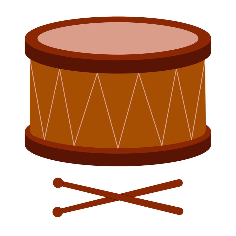 Drum with sticks isolated on a white background. A classical percussion musical instrument. Flat style. Vector illustration