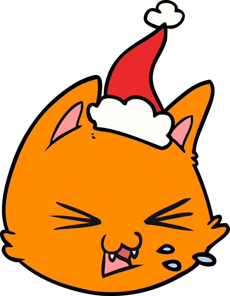 spitting line drawing of a cat face wearing santa hat vector