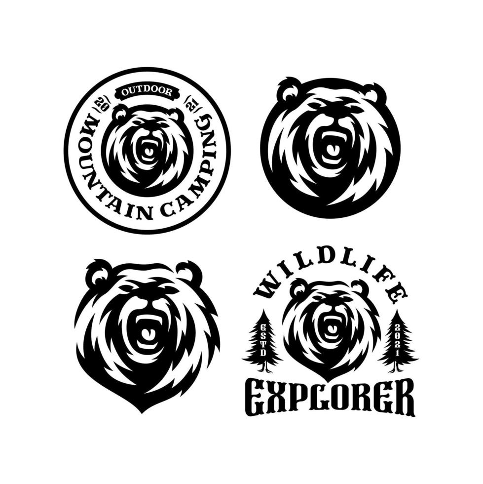 conjunto de ilustración de vector de emblema de logotipo de oso. expedición de aventura al aire libre, camisa de cabeza de oso y siluetas de bosque, sello de impresión. diseño de placa de tipografía vintage.