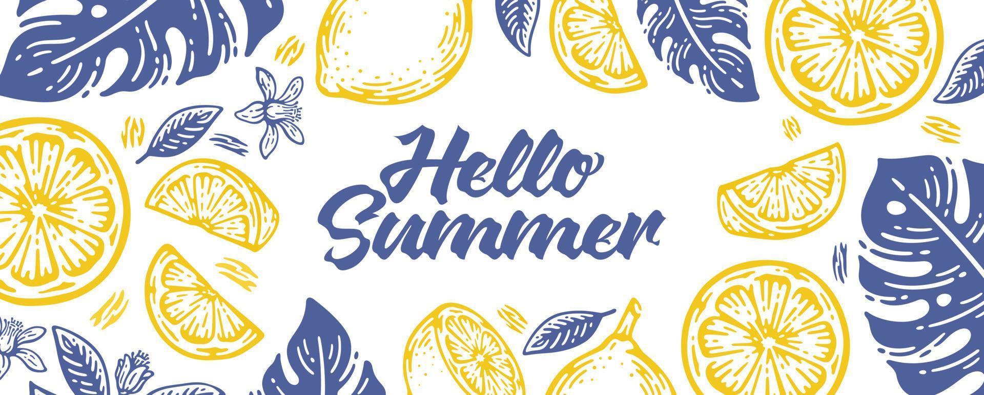 hello summer banner with doodles lemon and monstera leaves vector