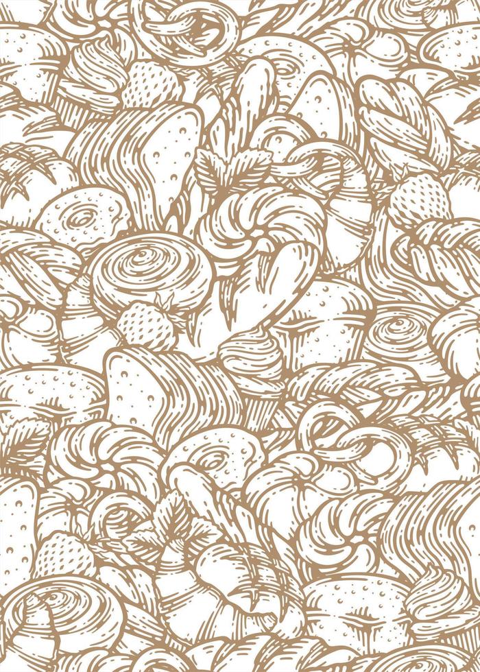 Hand drawn seamless pattern of bread and bakery products. Baked goods background. Vector illustration.