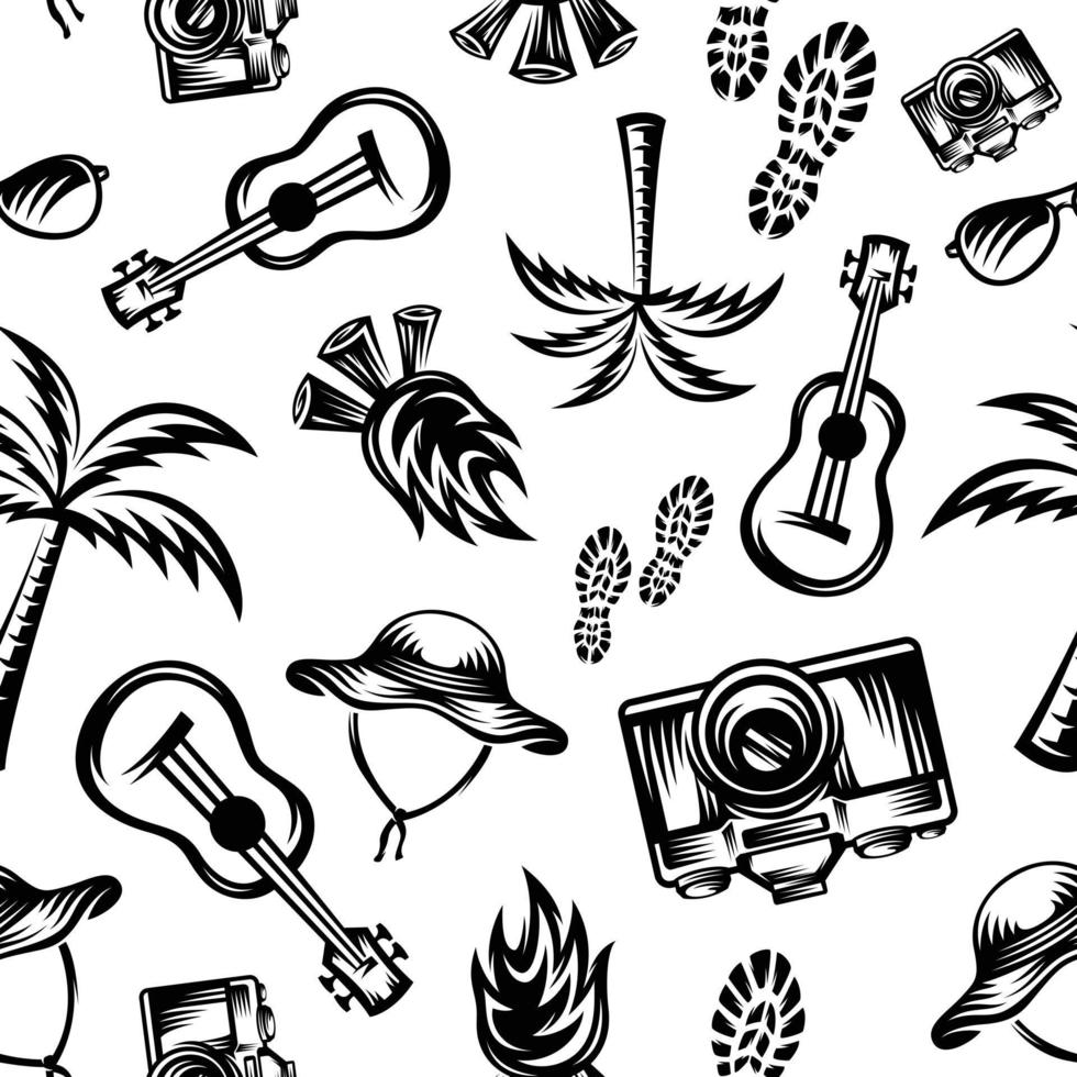 pattern seamless of camera, campfire, footprints of shoes, guitar, palm tree, hat in style vintage, retro, engraved. vector