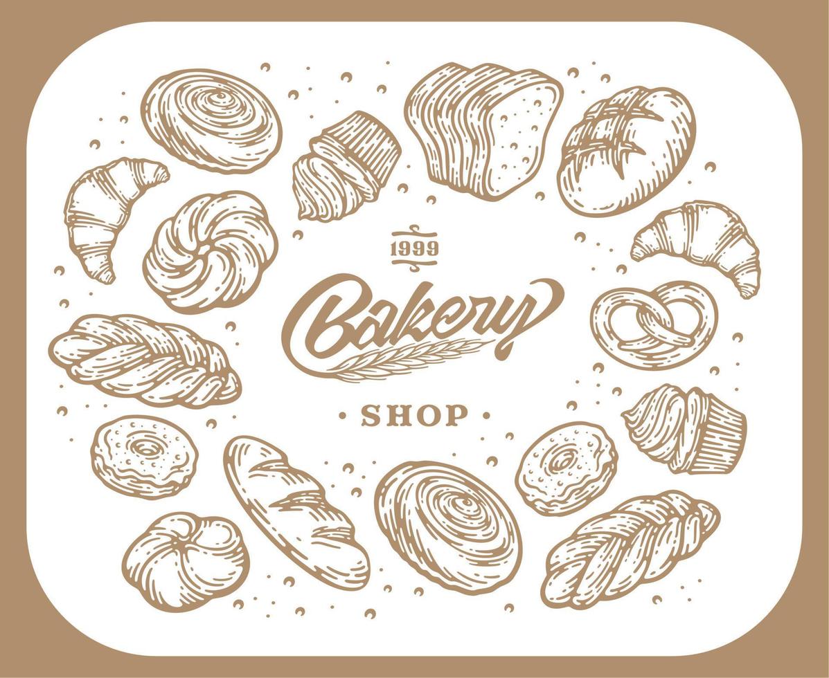 Card design with ink hand drawn baking illustration. Vintage template with bread and pastries doodle sketch. vector