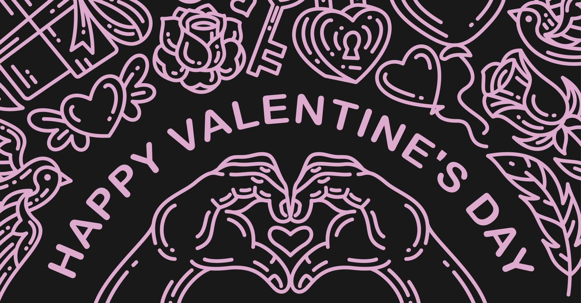 line art or One Line Drawing of hand symbols love. happy valentines day banner design vector