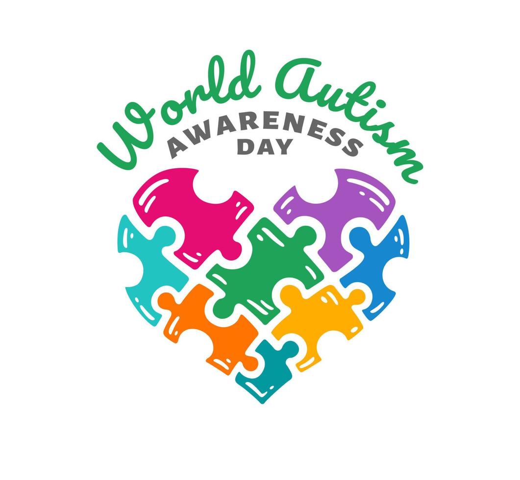 Doodle hand drawn world autism awareness day illustration with puzzle pieces in love, heart shape vector