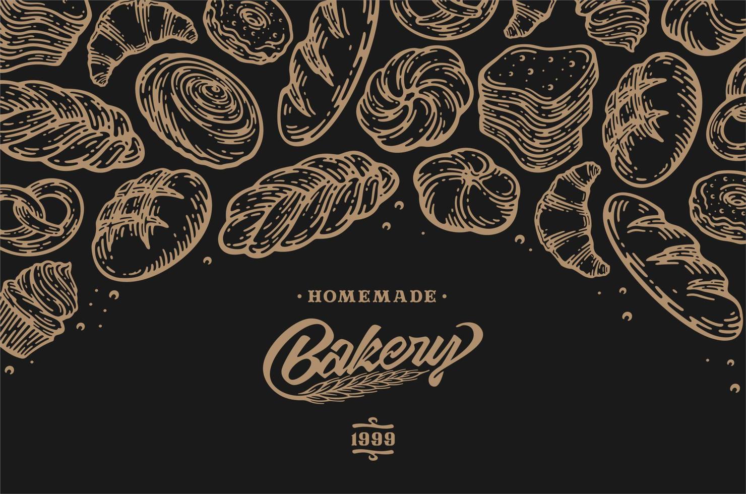 Card design with ink hand drawn baking illustration. Vintage template with bread and pastries doodle sketch. in dark background vector