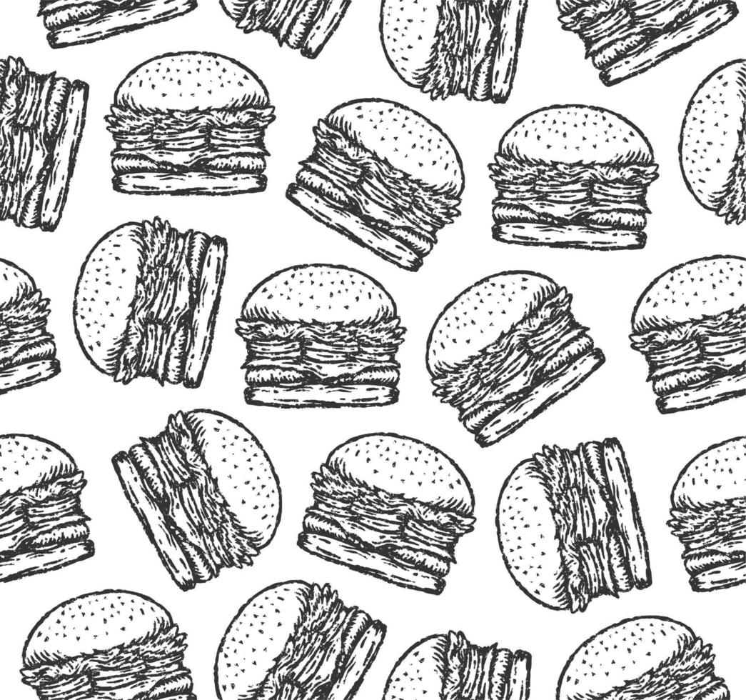 seamless pattern of burger illustration in paint brush drawing style. vector