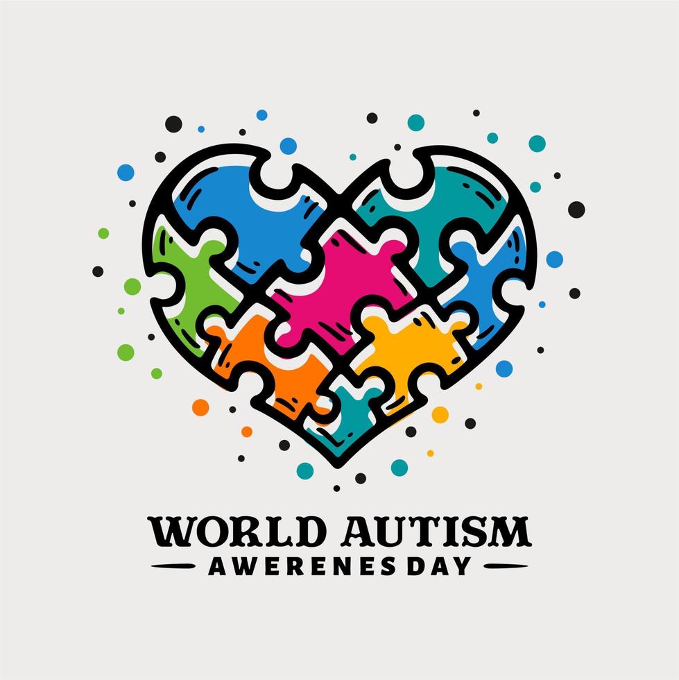 Doodle hand drawn world autism awareness day illustration with puzzle pieces in love, heart shape vector