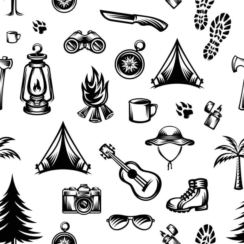 pattern seamless of mug, ax, footprints of shoes, palm tree, shoe, binocular, footprints, campfire, hat, guitar, tent, pine tree, lantern, camera, eyeglasses, compass in style vintage, engraved vector