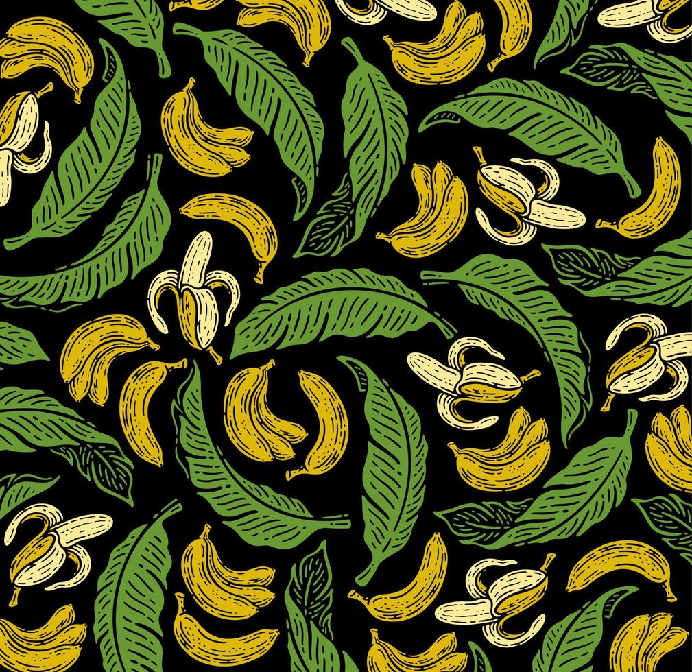 Single pattern of banana fruit and leaves in doodle vintage style. vector