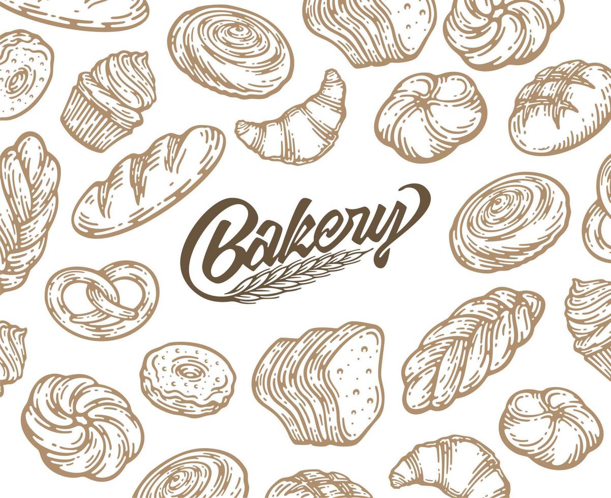 Card design with ink hand drawn baking illustration. Vintage template with bread and pastries doodle sketch. vector
