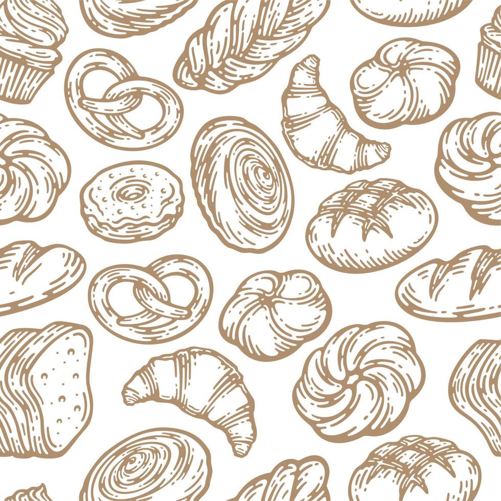 Seamless pattern with a variety of bakery products in doodle vintage design vector