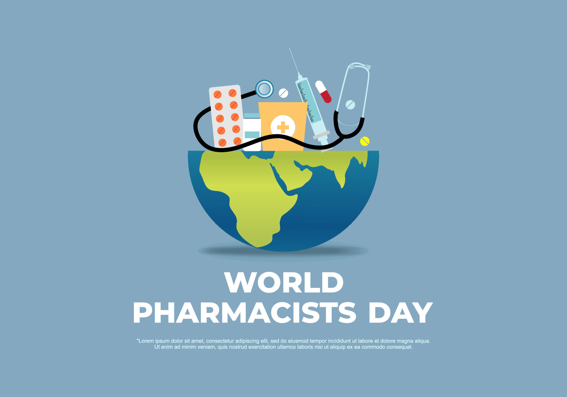 World pharmacists day background with stethoscope drug on globe earth ...