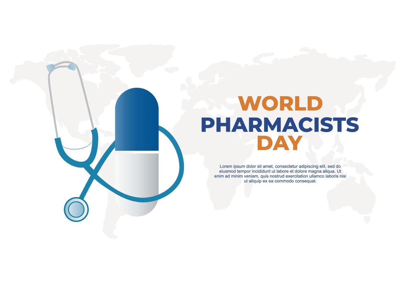 World pharmacists day background with stethoscope, earth map and drug. vector