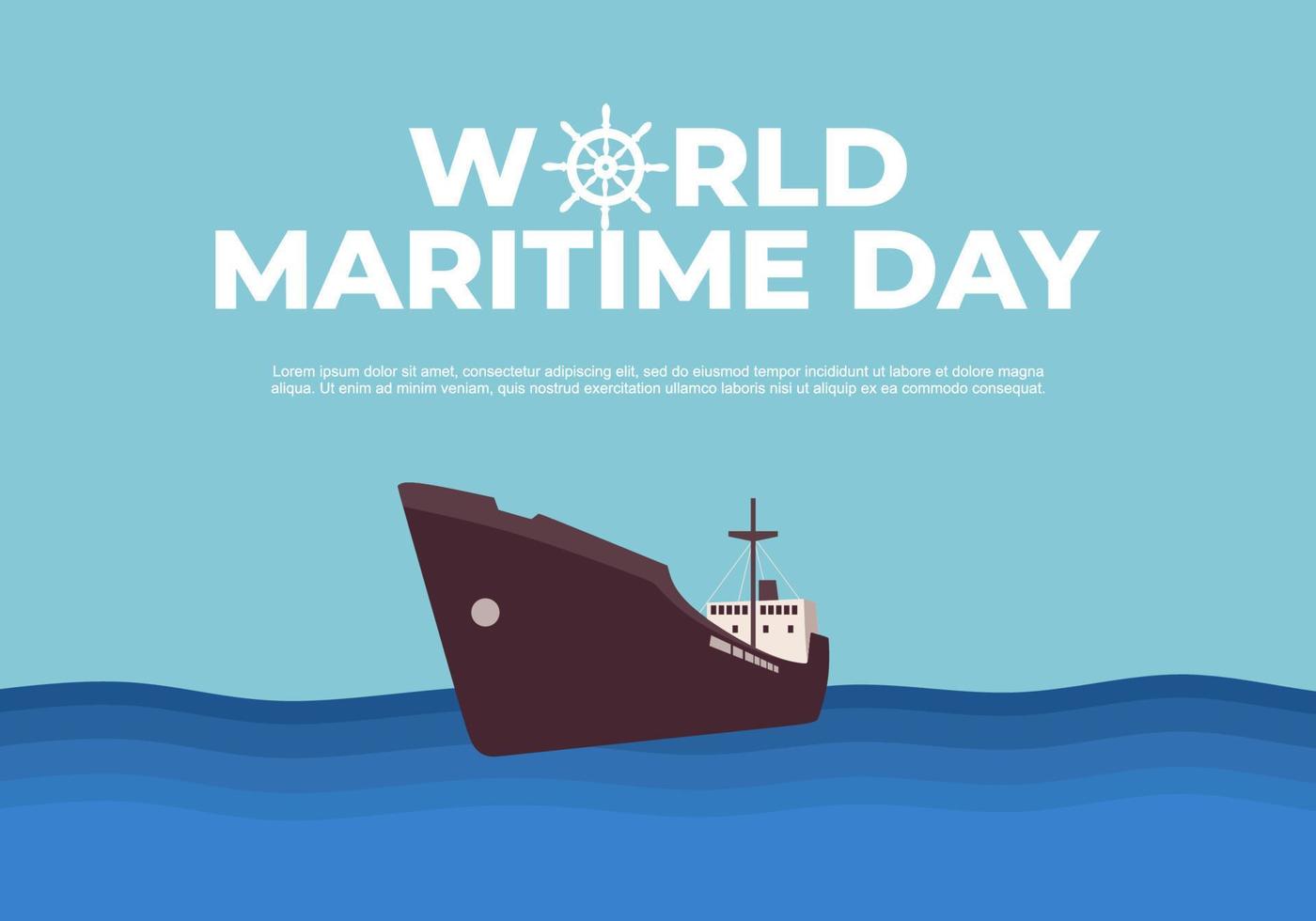 World maritime day background with big ship on ocean and steer wheel. vector