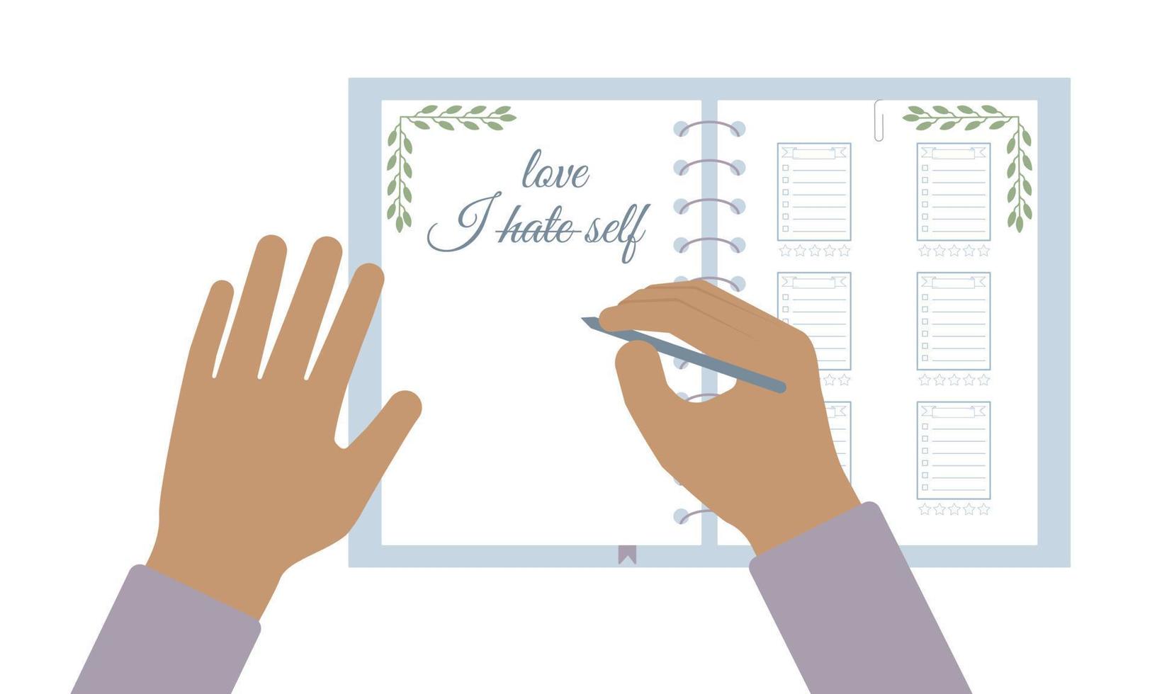 Self-love. A person writes in the diary the inscription I love