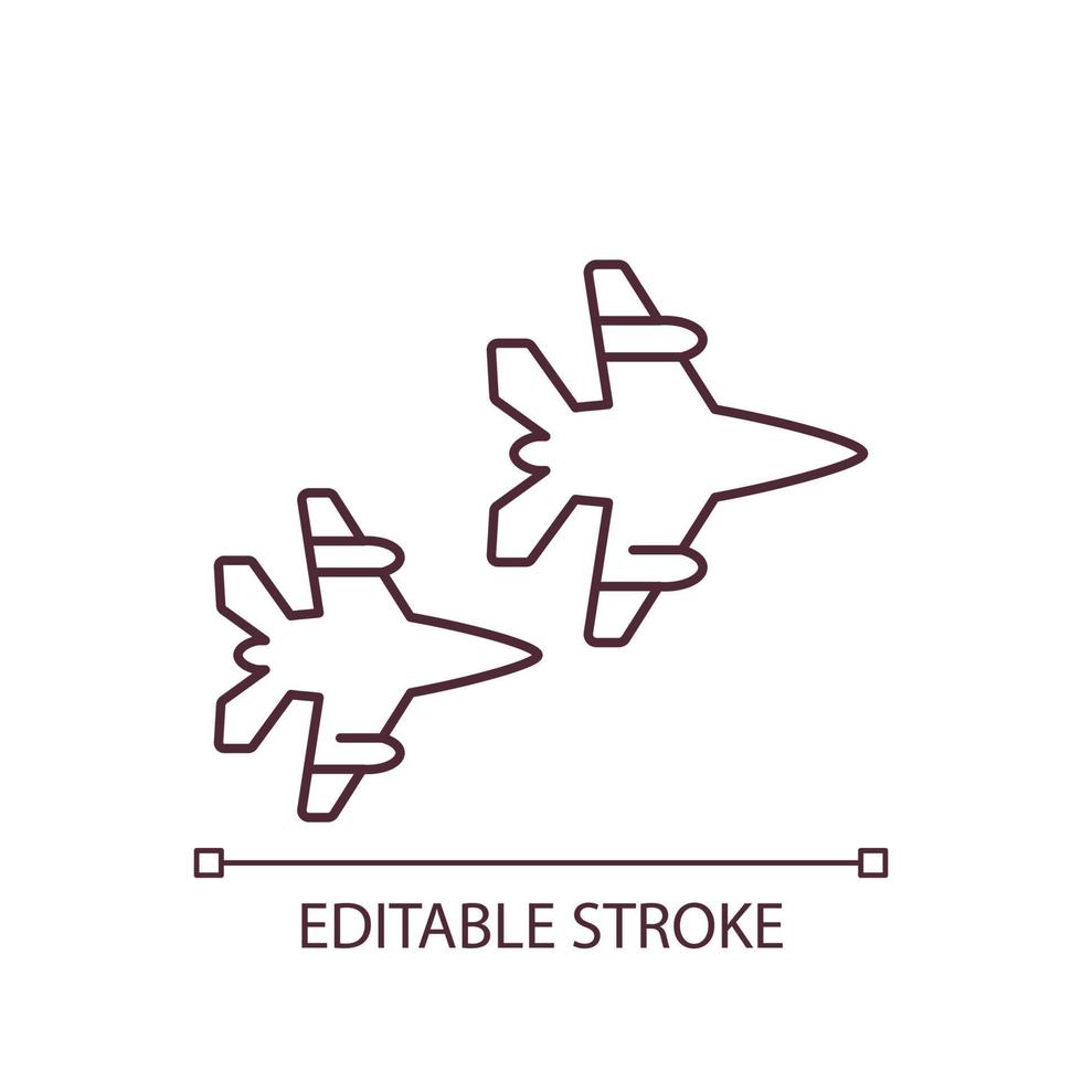 Pair of warplanes RGB color icon. Combat aircraft flying in sky. Military aviation defending country. Isolated vector illustration. Simple filled line drawing. Editable stroke.