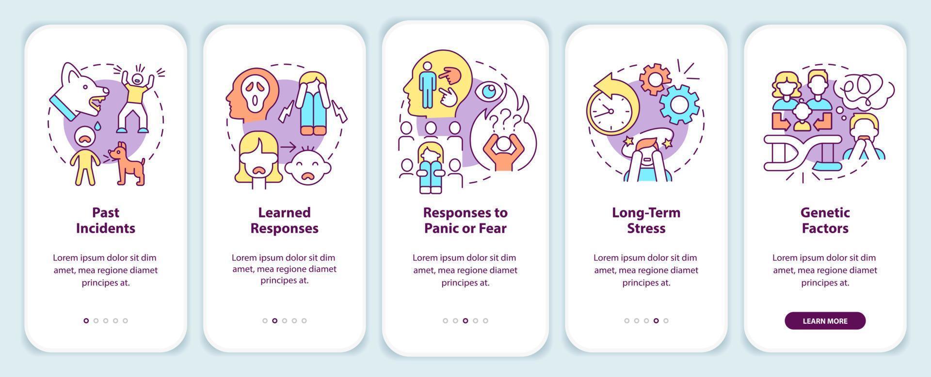 Phobia causes onboarding mobile app screen. Anxiety disorder walkthrough 5 steps graphic instructions pages with linear concepts. UI, UX, GUI template. vector