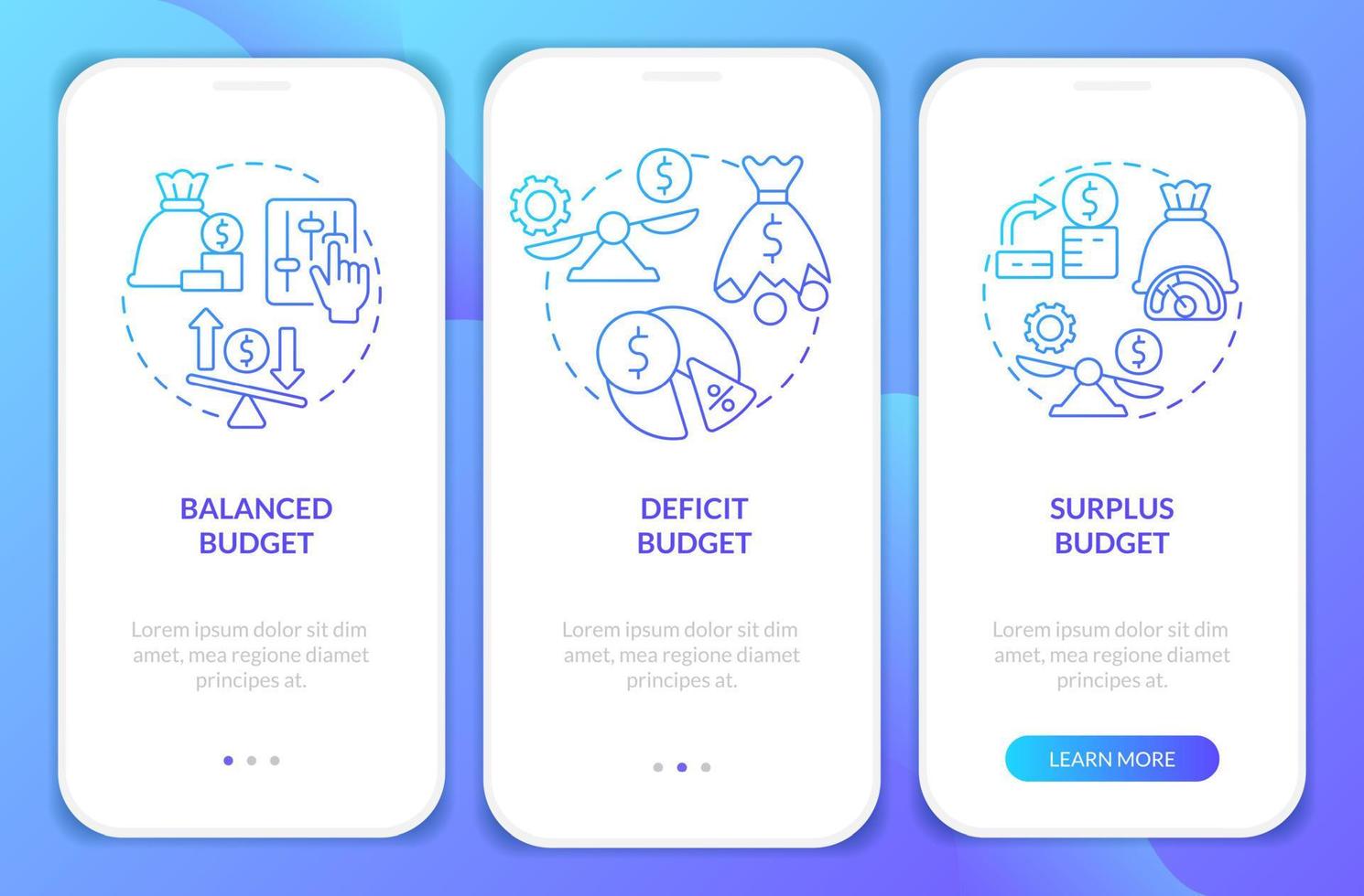 Budget classification blue gradient onboarding mobile app screen. Walkthrough 3 steps graphic instructions pages with linear concepts. UI, UX, GUI template. vector