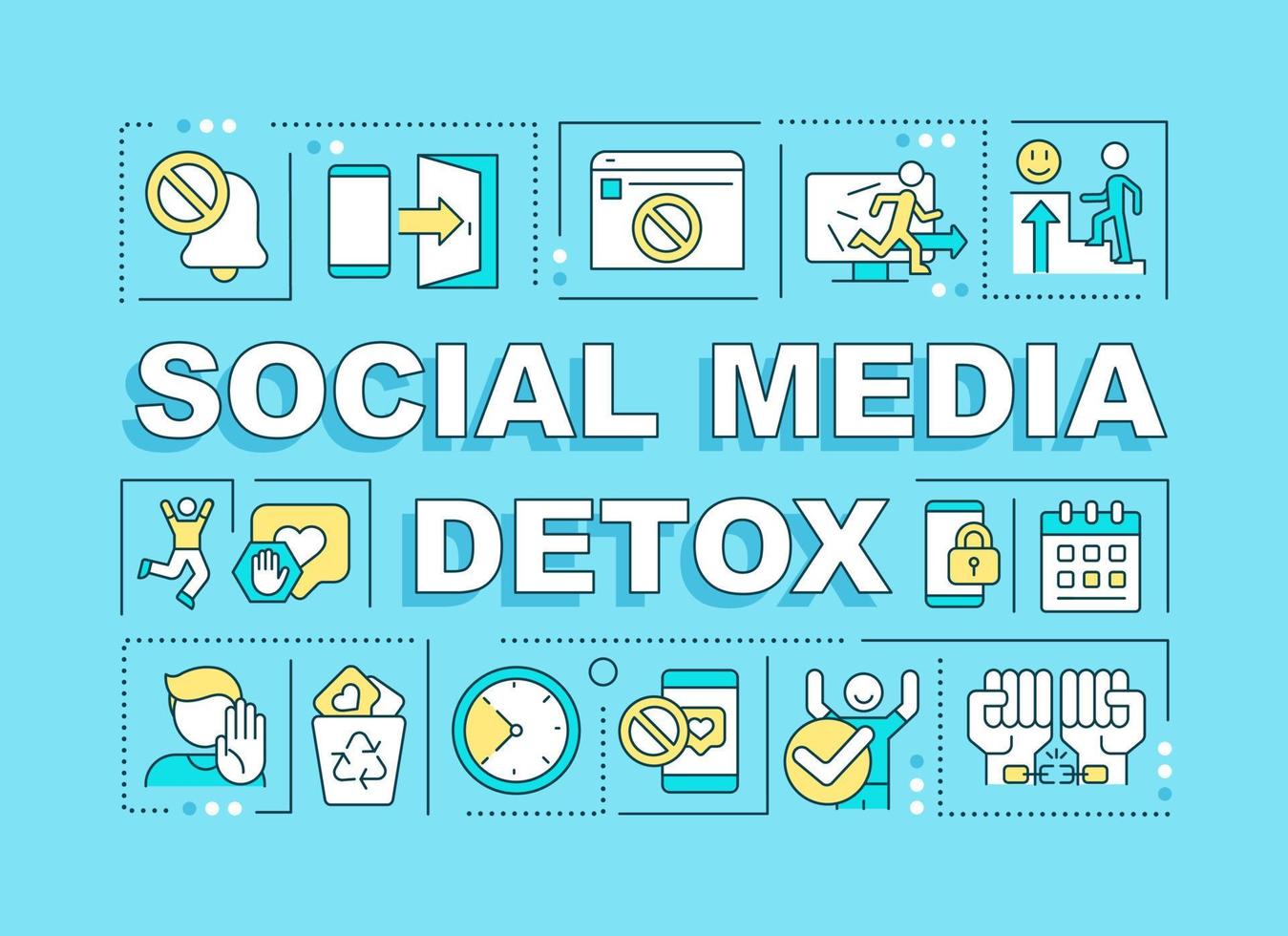 Social media detox word concepts blue banner. Coping with addiction. Infographics with icons on color background. Isolated typography. Vector illustration with text.
