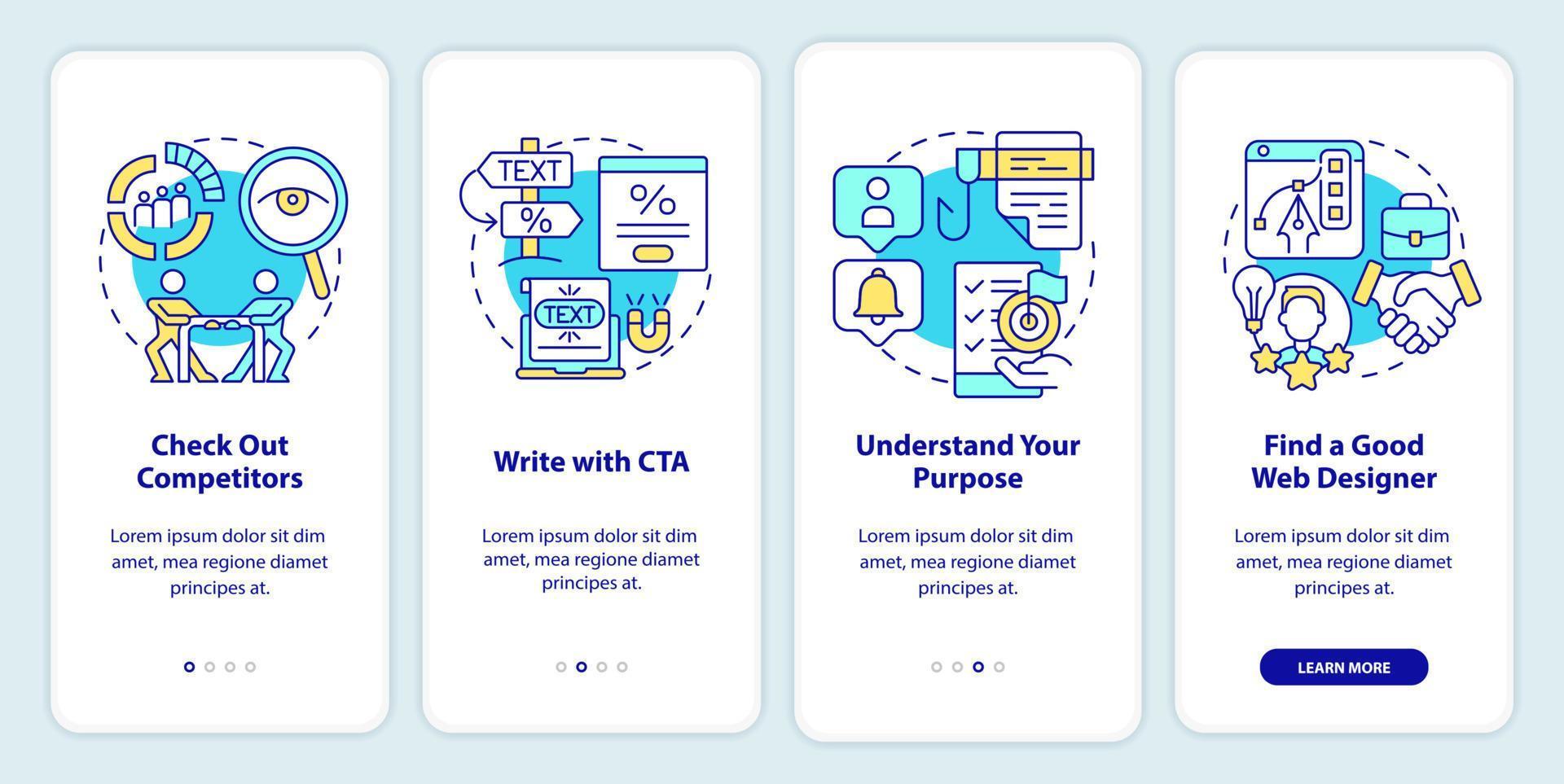 Creating website dos onboarding mobile app screen. Competition walkthrough 4 steps editable graphic instructions with linear concepts. UI, UX, GUI template. vector