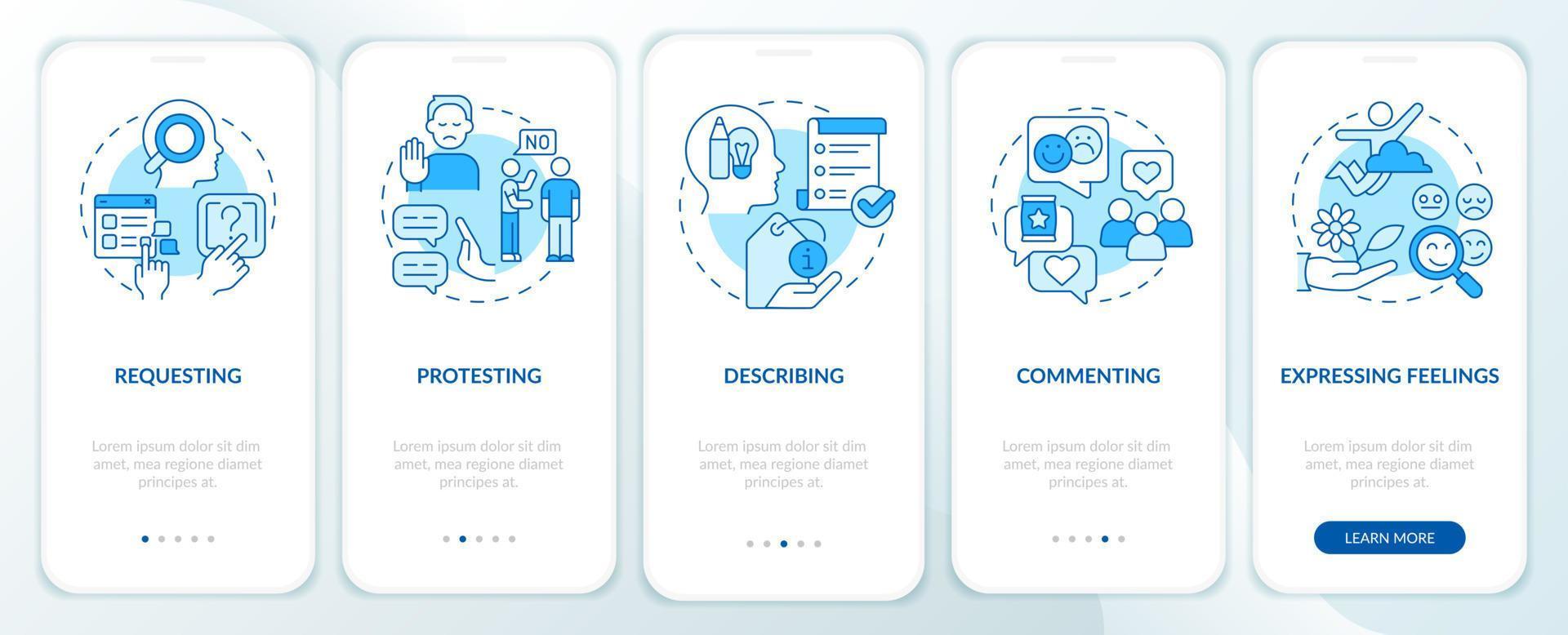 Functional communication blue onboarding mobile app screen. Walkthrough 5 steps graphic instructions pages with linear concepts. UI, UX, GUI template. vector