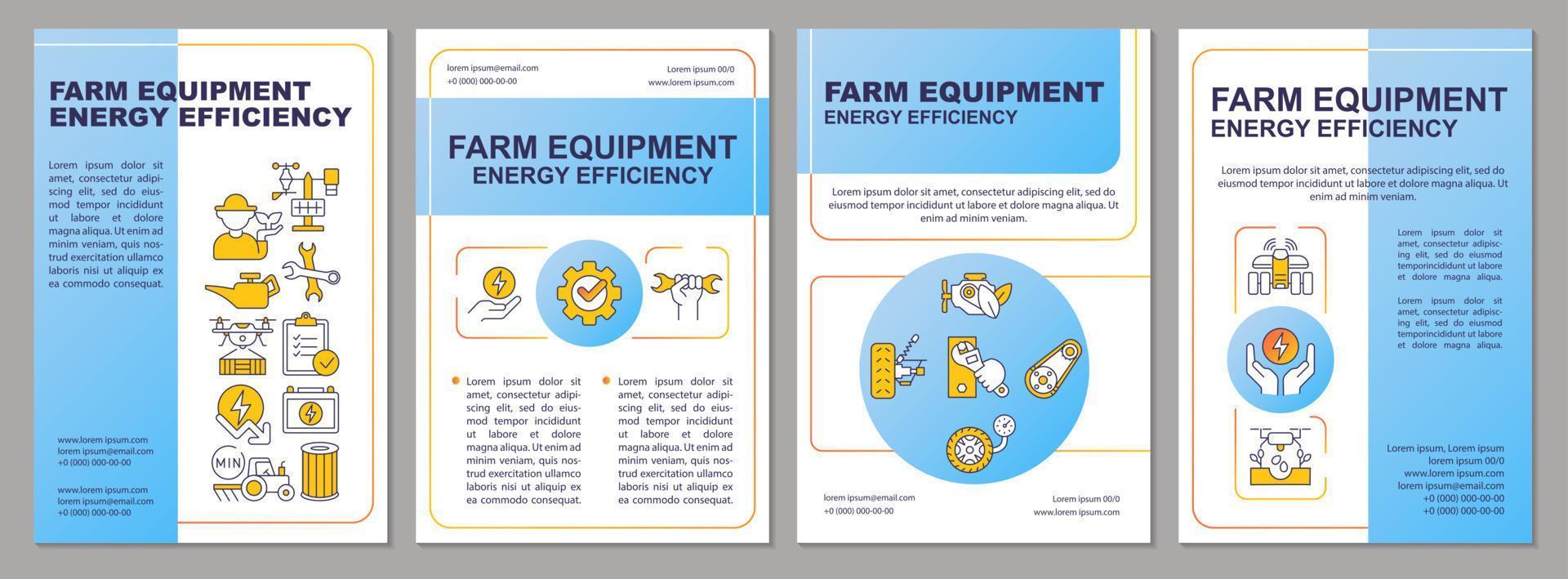 Farm equipment energy efficiency blue brochure template. Leaflet design with linear icons. Editable 4 vector layouts for presentation, annual reports.