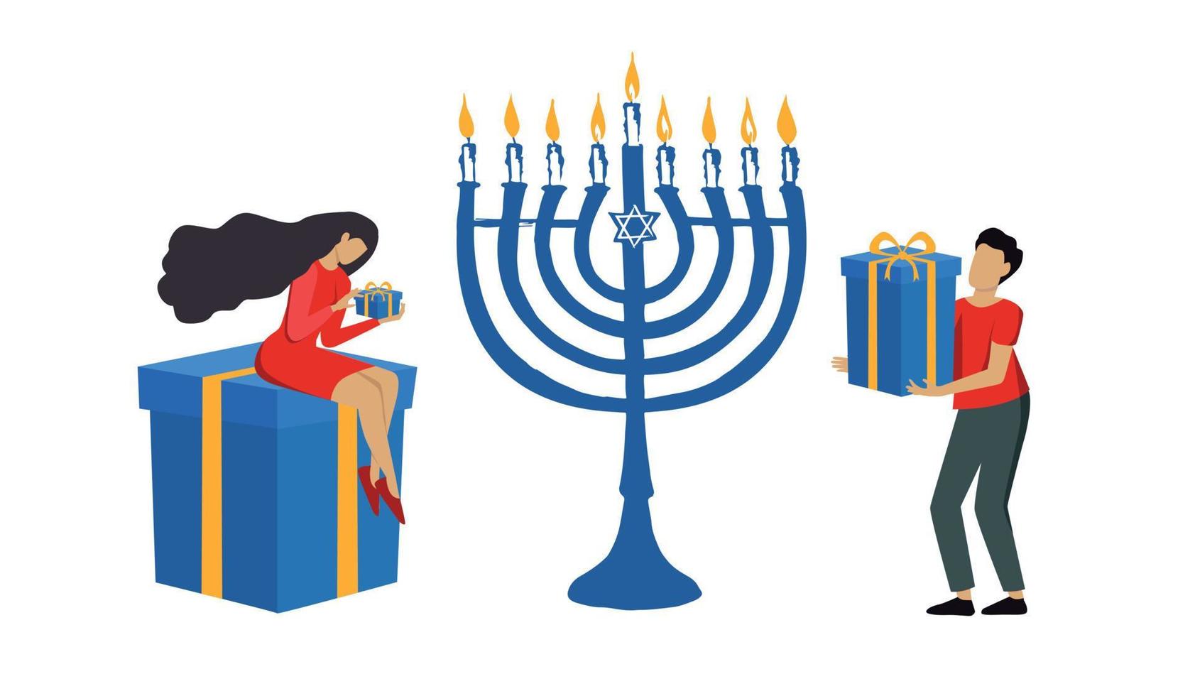 feliz hanukkah, gente con regalos. vector